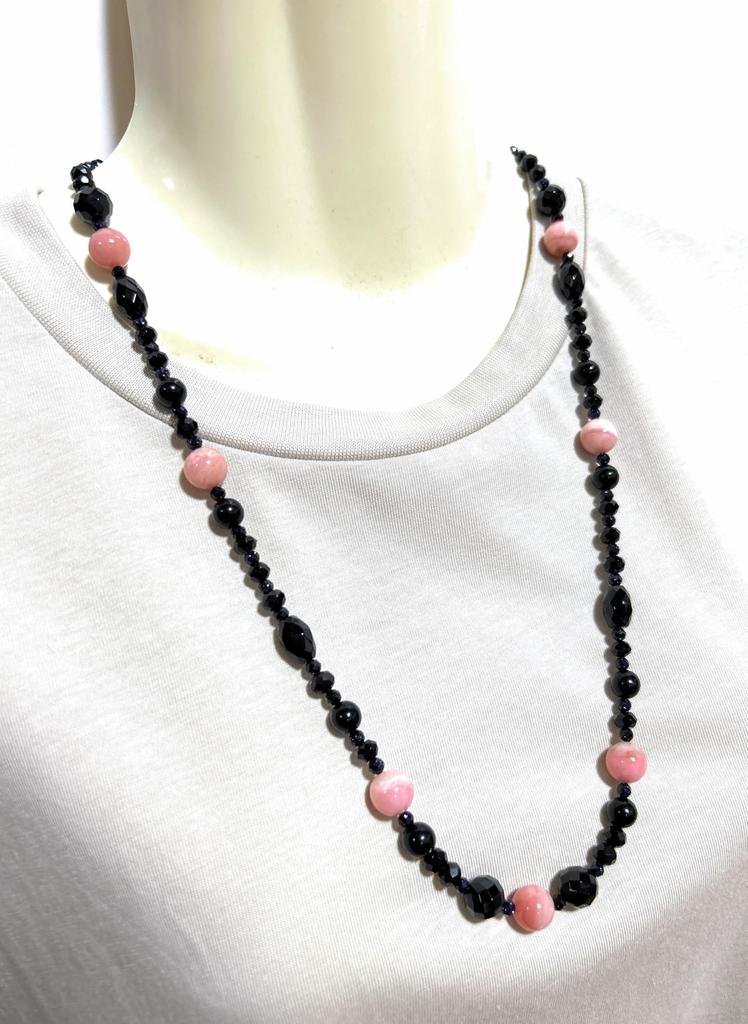 Ограниченный выпуск, длинное ожерелье из натурального камня, розовый опал, оникс, сине-золотой, длина камня около 60 см, 6 см, амулет на удачу в любви, сделано в Японии