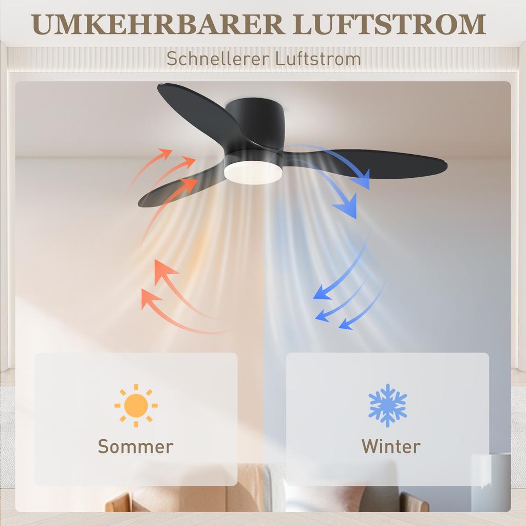 Ceiling Fan with Light and Remote Control, 3 Light Colors, 6 Speeds, Adjustable Brightness, Black
