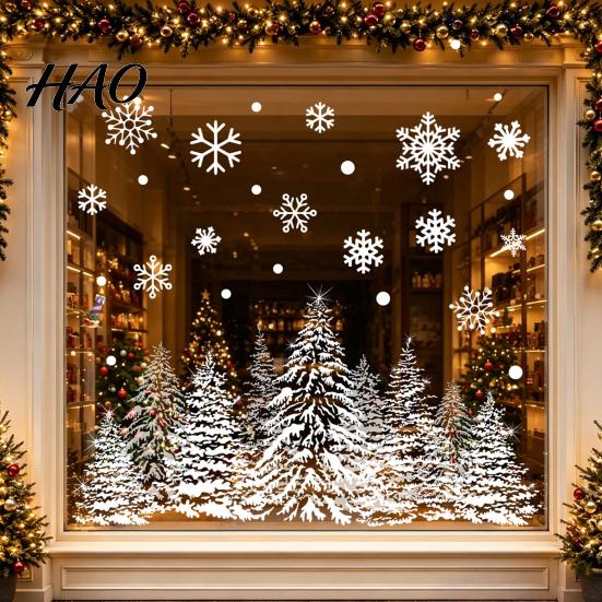 Festive Window Display Christmas Tree Snowflake Static Sticker, Double-sided Cling Decal, Holiday Decals Reusable PVC Glass for Parties Double