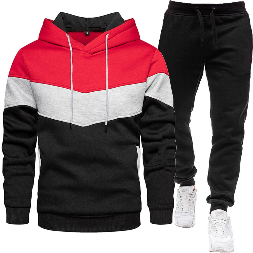 2024 Men's Fashion Spliced Hooded Sweatshirt & Long Pants Two-Piece Sports Suit for Autumn/Spring