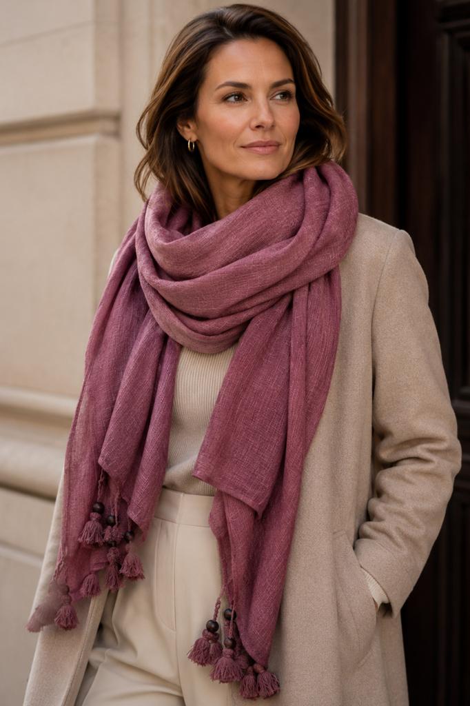 Plum Scarf with Fringes 180X80 - Cotton with Polyester, Boho Style