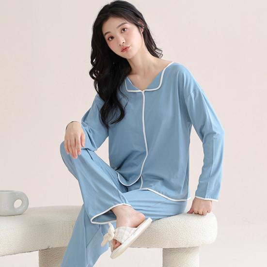 2 Pcs/Set Women Pajamas Suit with Chest Pads Long Sleeves Loose Solid