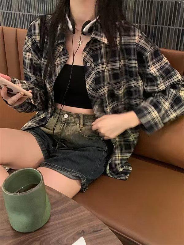 Korean Chic Yellow & Black Plaid Women's Loose Mid-Length Sun Protection Shirt