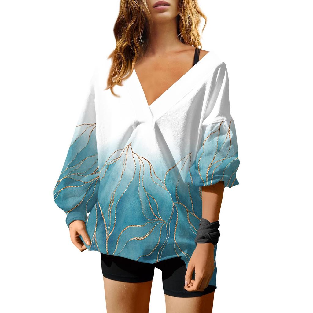 Женская мода V-образный вырез длинный рукав принтованный свободный пуловер свитшот топ