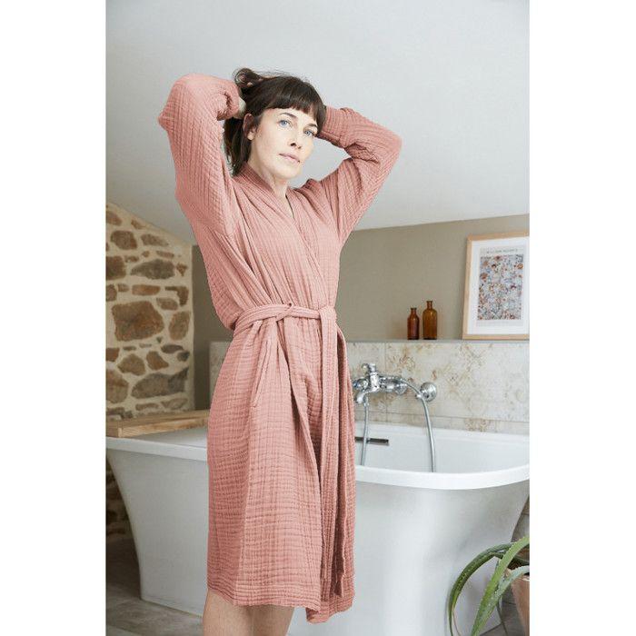 Peignoir kimono mixte Gaze de coton unie Gaïa - Gaïa Rose Pêche - Taille L/XL