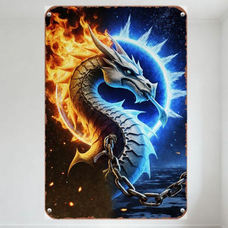 Мифический двуцветный дракон с огненным пламенем, металлическая жестяная вывеска, обвивающий светящийся синий портал, фон из тлеющих углей темного звездного неба,