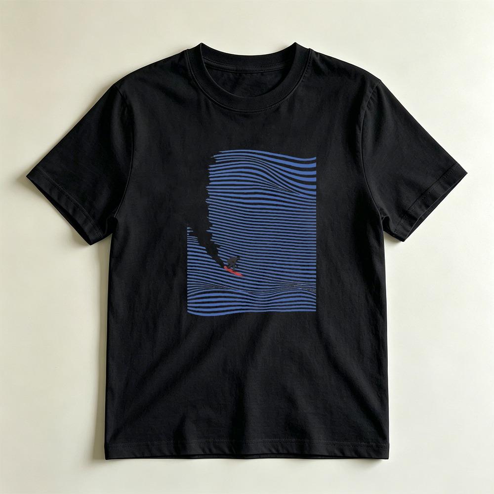 Surfer Ocean Lover Gift TShirt Minimal Blue Line Wave Surfboard Silhouette Print Top Modern Beach Coastal Vacation Casual Tee