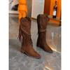 Fashion Chunky Heel Retro Pointed Tassel Fashion Boots Shoes Women Fashion Western Cowboy Boots But Knee High Heeled Brown Long Boots
