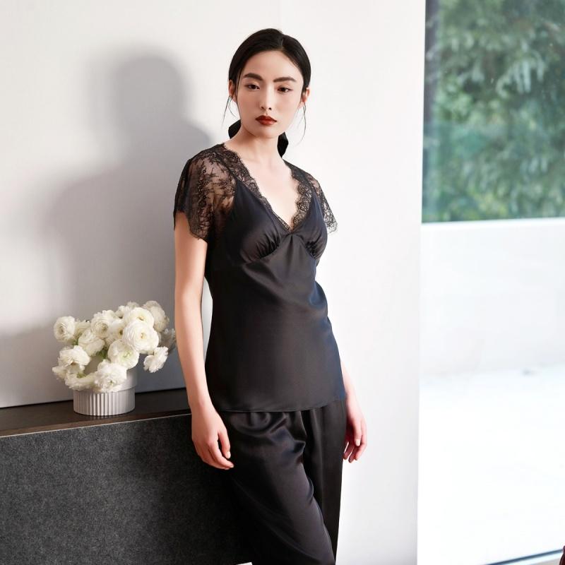 New 19mm stretch silk home suit set, luxurious and high-end with chest cushion, silk sleepwear for women