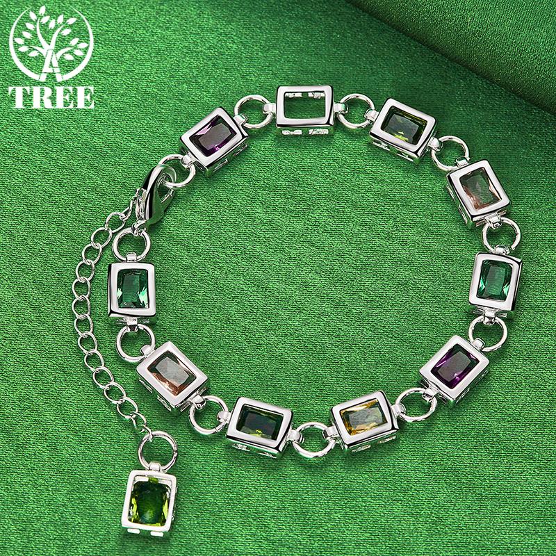 ALITREE 925 Sterling Silver Square Colored Zircon Crystal Bracelets For Woman Hand Chain Fashion Party Birthday Wedding Jewelry