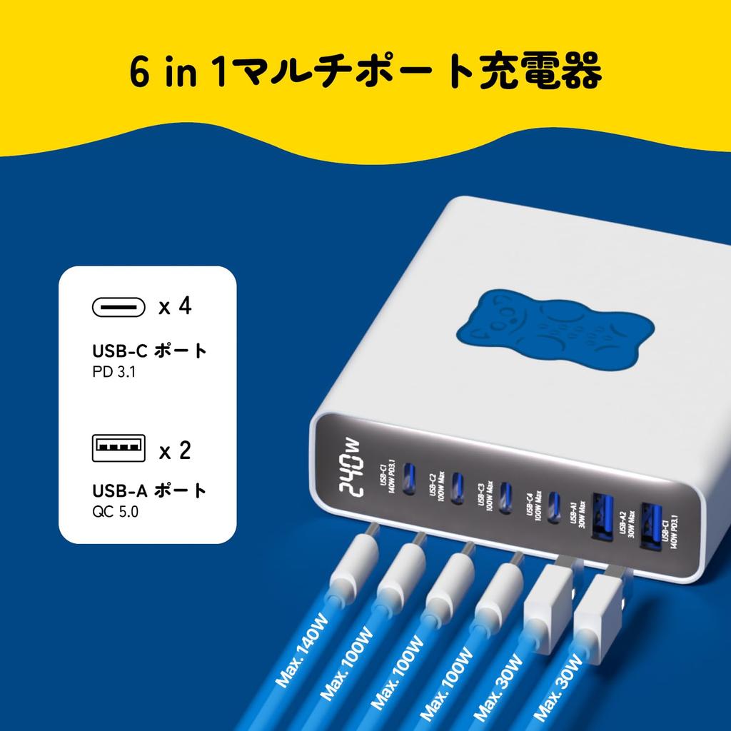 Haribo 240 Вт GaN Зарядная станция 6 портов x 2 x PD QC для консолей, (4 USB-C / USB-A), 3,1 (140W) & Совместимость с 5.0,