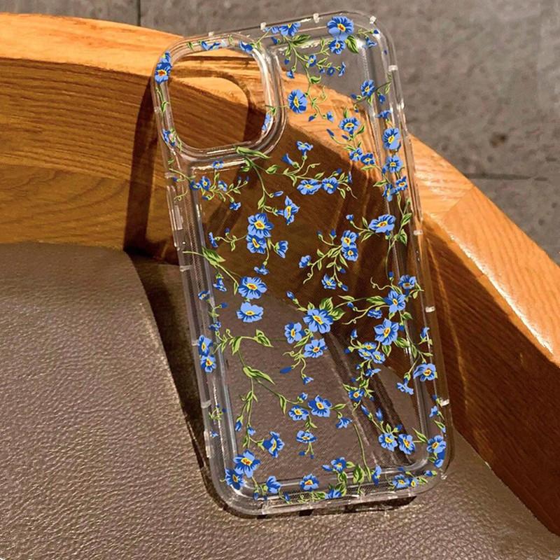 Синий чехол из ТПУ с цветочным узором для iPhone 16 16e 14 13 15 Pro Max 11 12 Pro Mini 7 8 Plus XR Противоударный Мягкий Прозрачный Чехол