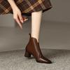 Fashion Women's New Autumn and Winter Square Toe Retro Leather Cowhide Mid Heel Thick Heel Size Chelsea Calf Boots