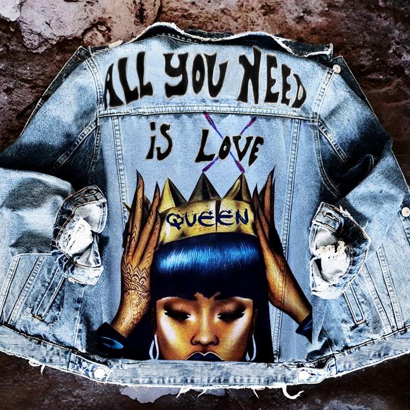 Womens Denim Baseball Jacket Fall Winter Graffiti Print Streetwear Casual Outerwear