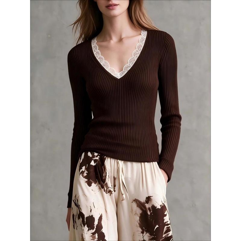 Women S Vintage Lace Splicing Knit Top V Neck Slim Fit Long Sleeve