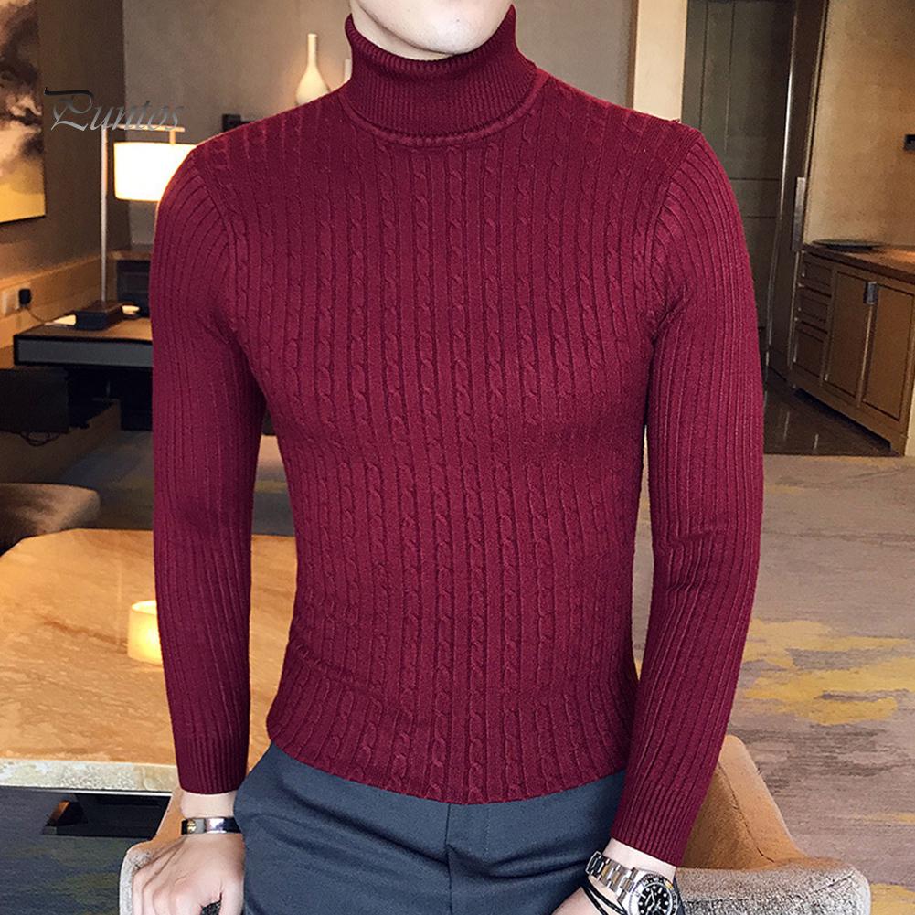Casual Men Winter Solid Color Turtle Neck Long Sleeve Twist Knitted Slim Sweater