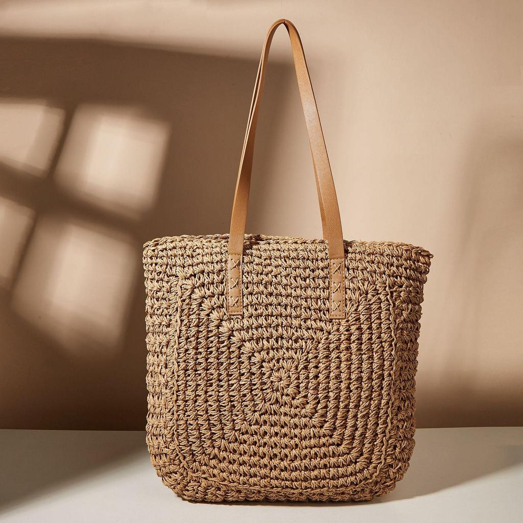 Vintage Straw Woven Shoulder Shopping Bag Casual Women Summer Large Capacity Beach Totes