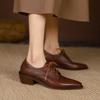 Fashion NEW Spring/Autumn Women Pumps Genuine Leather Shoes for Women Pointed Toe Chunky Heel Shoes Casual Black Lace-up Handmade Shoes