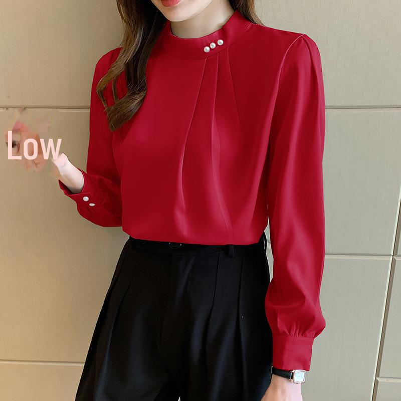Women's Satin Chiffon Shirt - Stylish Long Sleeve with Beaded Detailing, 2023 Spring Design.