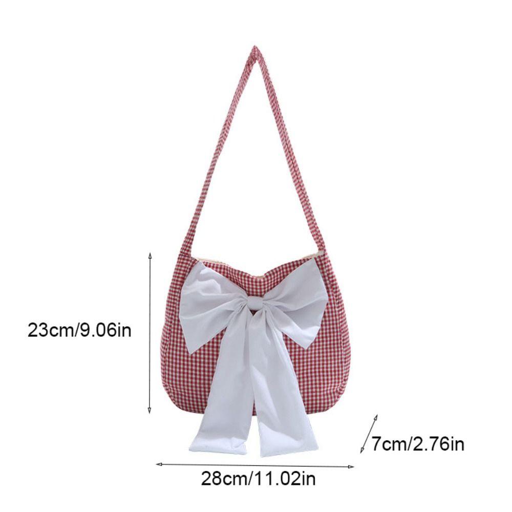 Lattice Bow Shoulder Bag Japanese Style Canvas Tote Bag Portable Plaid Shoulder Bag  Girl