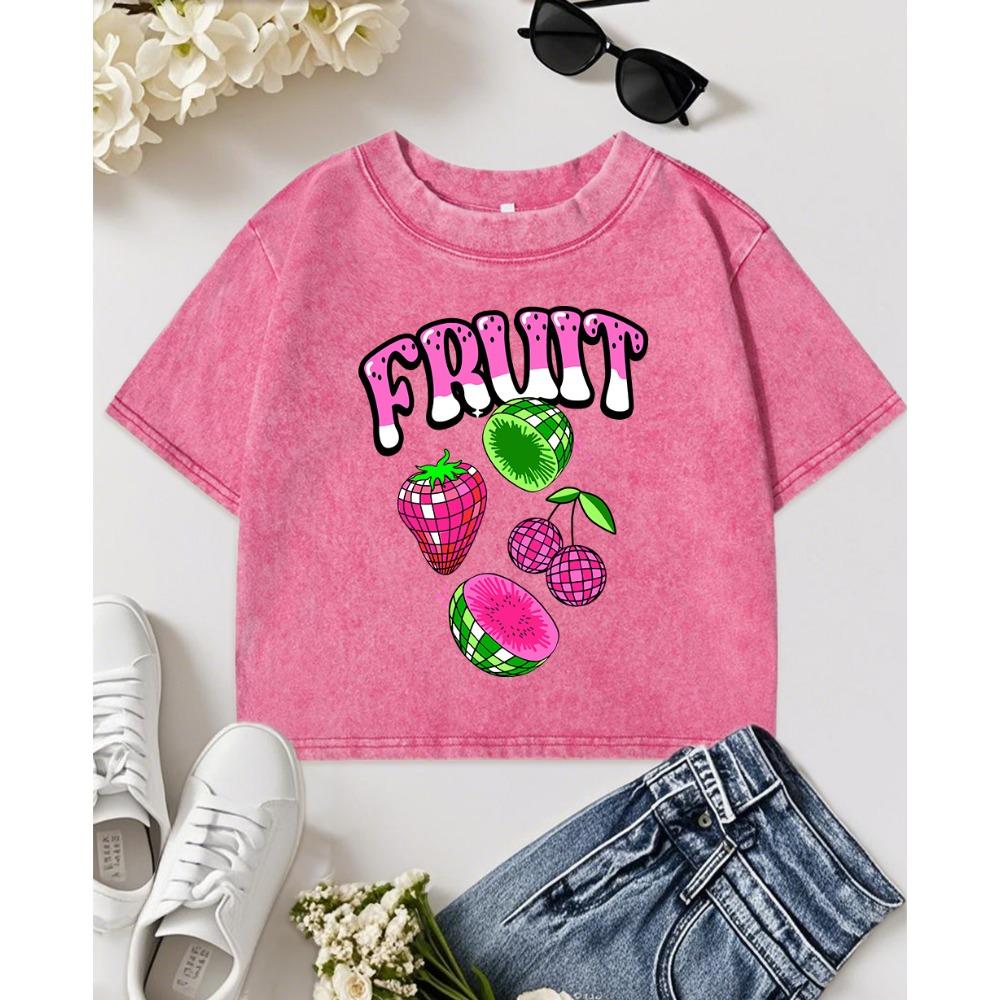 Fruit Strawberry Cherry Kiwi Print Washed T-Shirt Women Slim Y2K Crop T Shirts Cotton Summer Tops O-Neck Short Sleeve