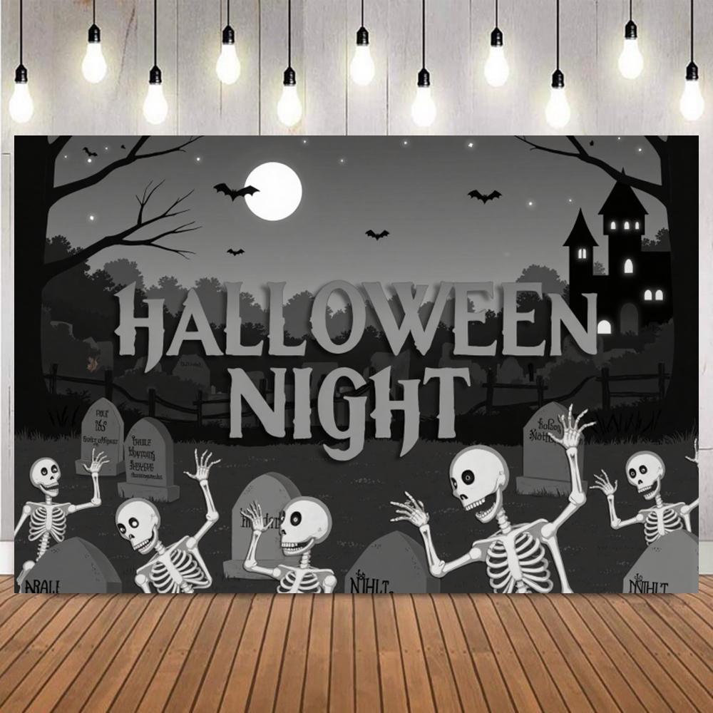 Background for Halloween Photography Full Moon Night Skull Bats Castle Fog Desolate Cemetery Themed Party Photo Backdrop Props3