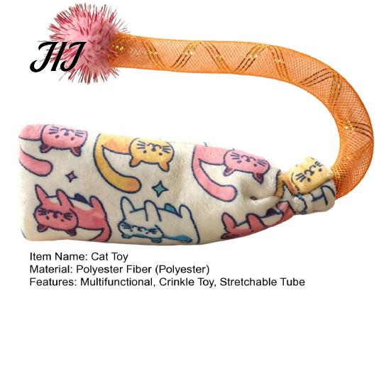 Safe Chewing Toys for Teething Kittens Mesh Tube Cat Toy, Crinkle Plush Pouch with Tinsel Pom Pom, Engagement Active Cats Interactive Stretchable Toy