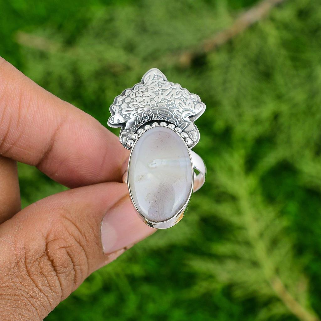 Oval Botswana Agate Gemstone Sterling Silver Promise Ethnic Wife Ring Jewelry