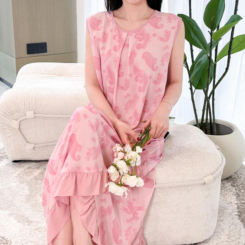 Holiday style sleeveless floral nightdress women's summer thin cotton and silk lotus leaf edge medium and long can be worn outside loungewear pajamas