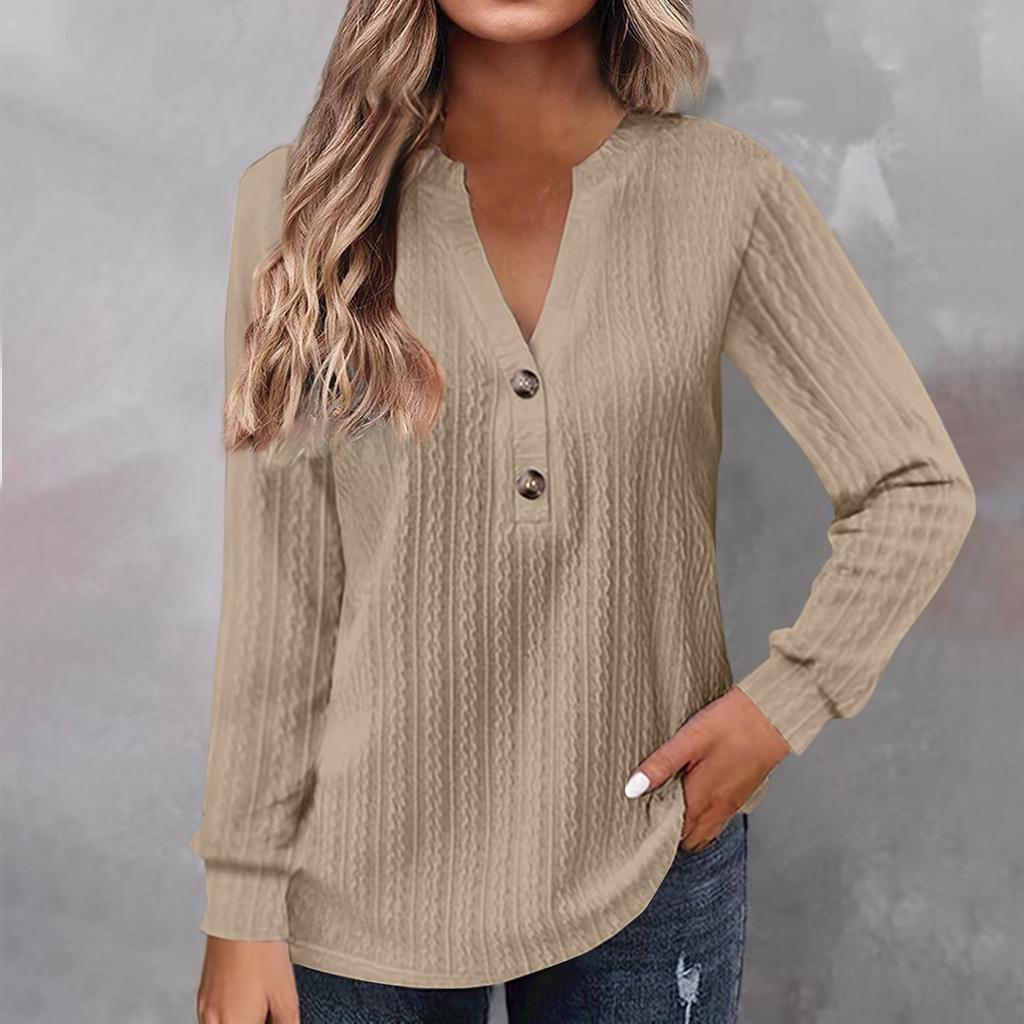 Women's Fashion Long Sleeve Solid Colour V-Neck Button T-Shirt Printed Casual Top