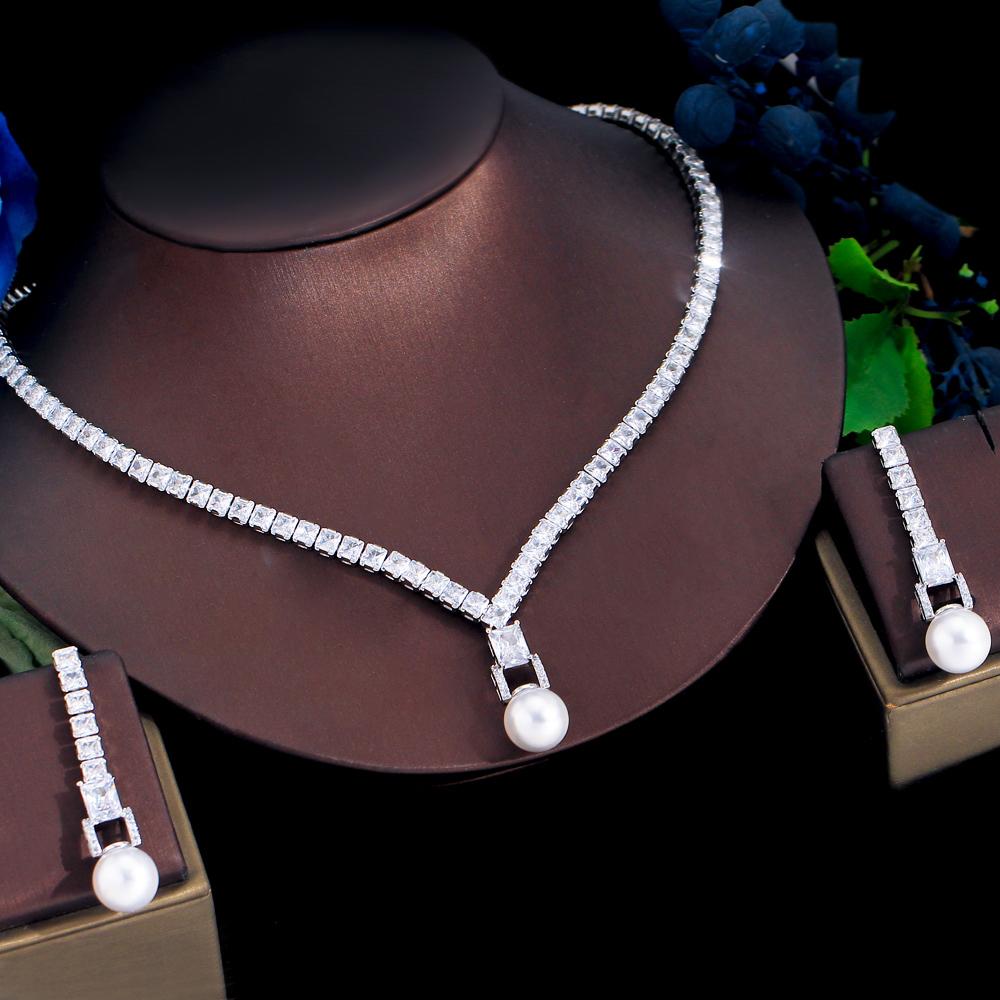 CMM блестящий кубический циркон, свадебное ожерелье из искусственного жемчуга, серьги, вечерние комплекты ювелирных украшений для женщин