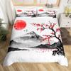 Japanese Style Bedding Set Twin Size Japanese Wave Comforter Cover Set Cherry Blossoms Ocean Wave Sunset Duvet Cover