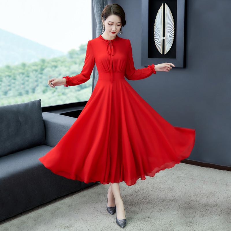 Women's Long Sleeved Lead Pure Color Chiffon Dress Slim And Large Skirt