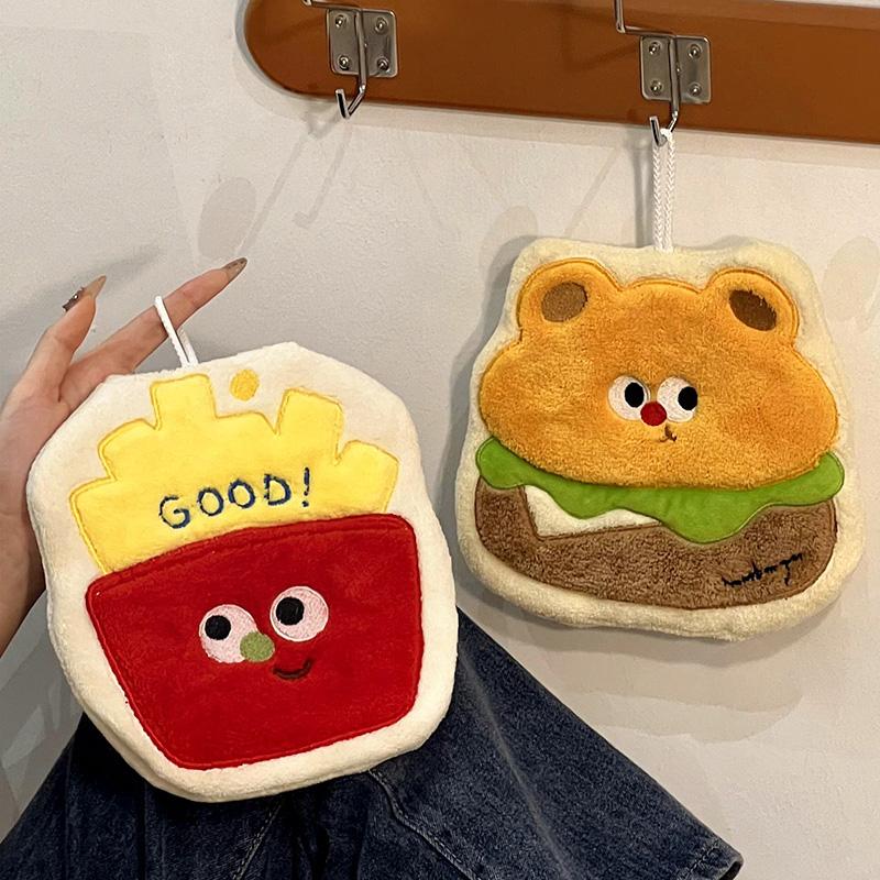 Cartoon Hamburger Toast Hand Towel Absorbent Coral Velvet Washing Hand Cloth Kitchen Bathroom Hanging Children Towel Thickened