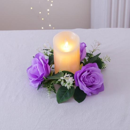 Artificial Rose Wreath Candle Ring Pillar Candle Holder Spring Green Leaves Flower Garland Home Wedding Party