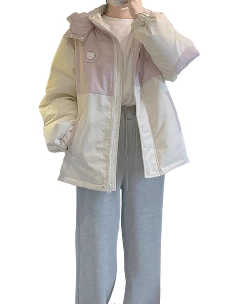 Пуховик женский 2024 зима в стиле колледжа милый медведь контрастный цвет сращивание утолщенная хлопковая подкладка одежда хлеб хлопковая подкладка одежда