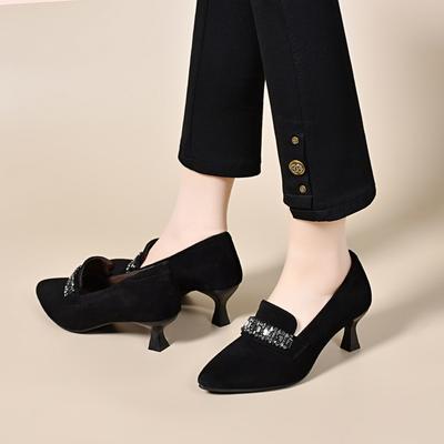 Женские туфли-лодочки на высоком каблуке, весенние новые, простые, с темпераментом, со стразами, с мелким вырезом, банкетные, на тонком каблуке, черные