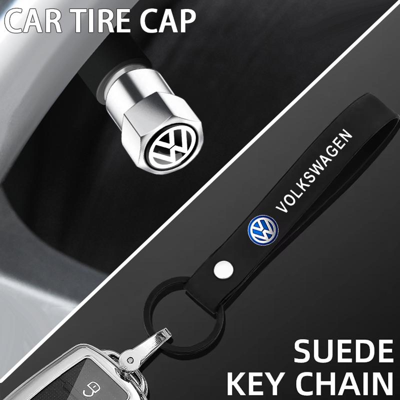 VW Hub Caps Tire Valve Stem Cap+Keychain Set Dustproof And Practical For Volkswagen GOLF Polo Tiguan VW GTI PASSAT
