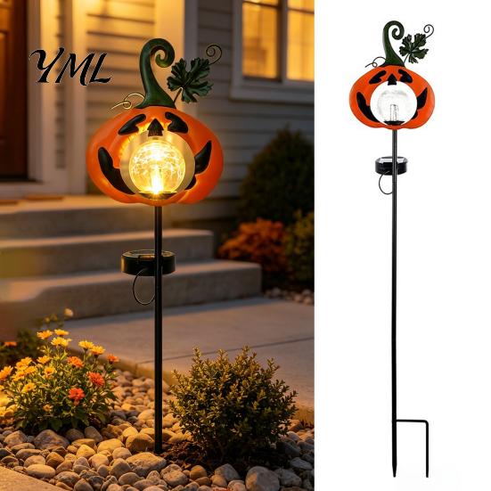 Outdoor Night Lighting for Trails Halloween Pumpkin Solar Yard Light, Garden Stake Light with Warm Glow Glass Decorative Pathway Ball, Powered