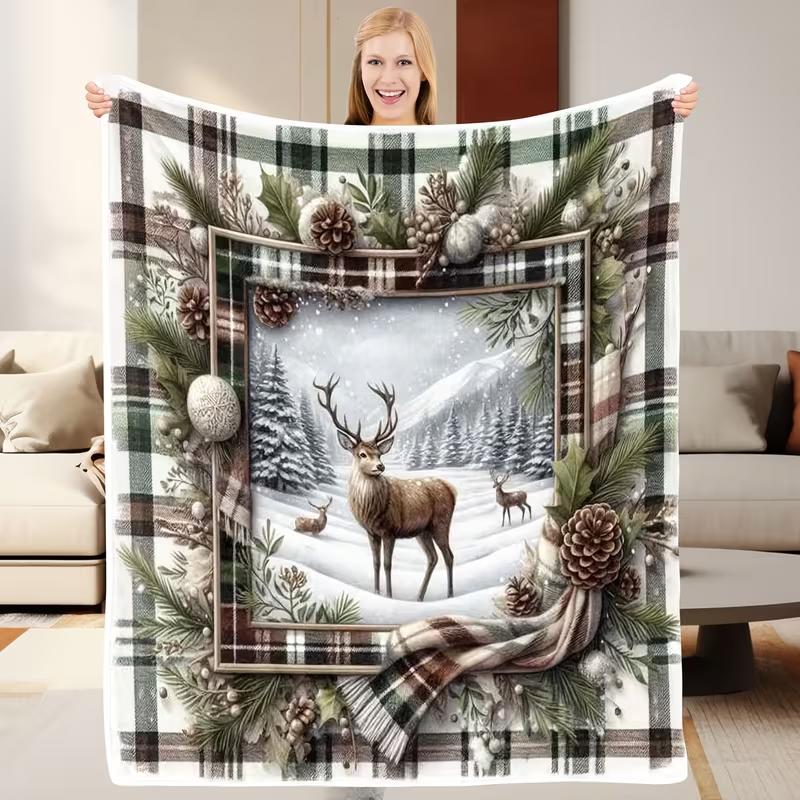 1pc A Flannel Blanket Featuring A Deer in The Snow, Designed To Be Soft and Warm Suitable for Use in The Living Room, Bedroom