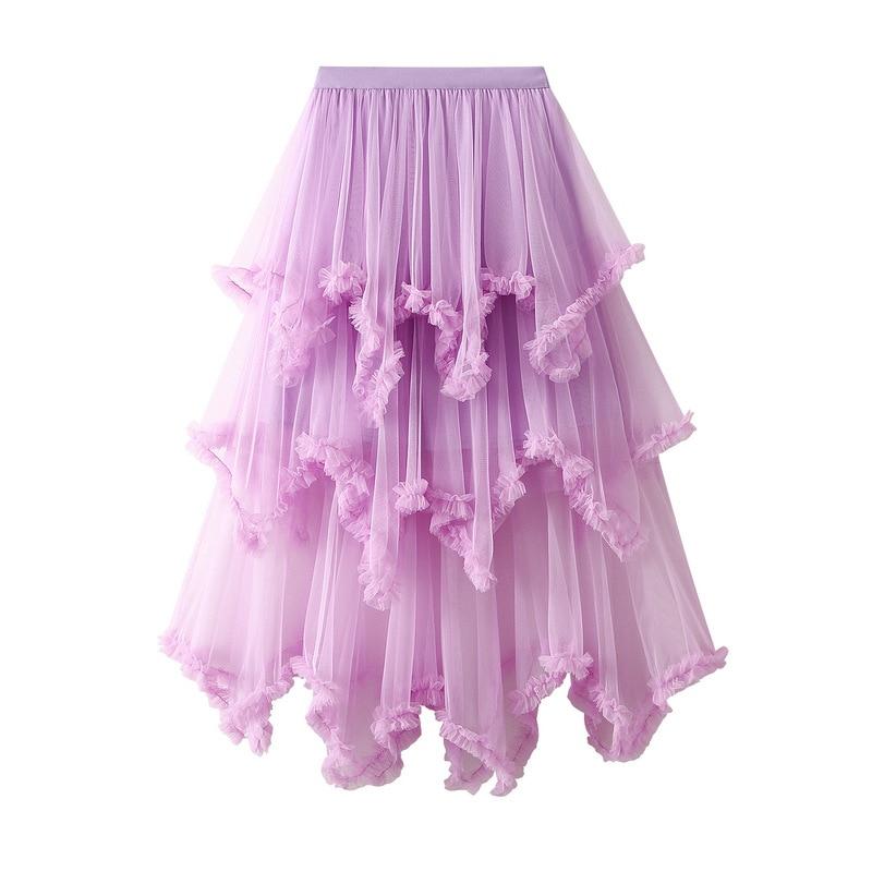 Qooth Women 10 Color Asymmetrical Tulle Ball Gown Skirt Elegant High Waist Fairy Mesh A-line Skirt For Spring Summer QT2126