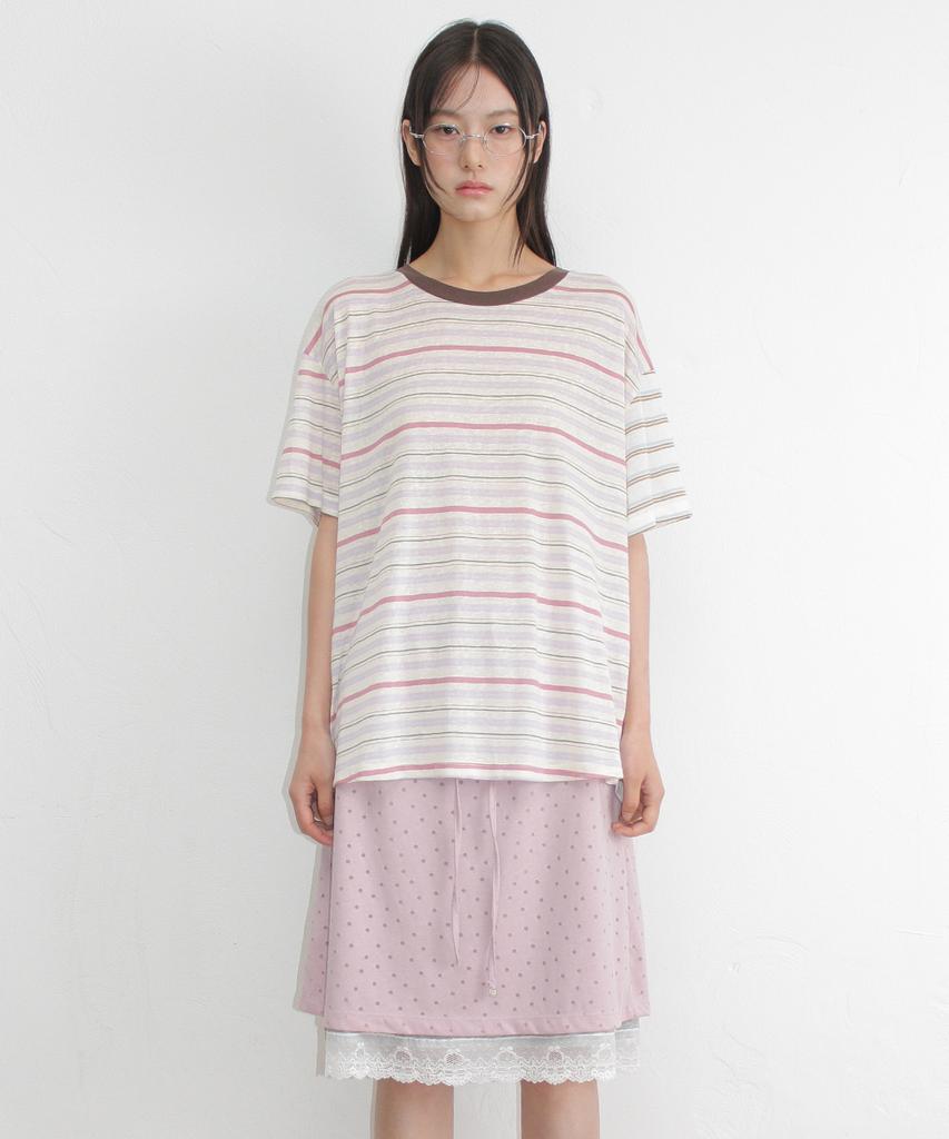 RONRON Mix Stripe Contrast Over Fit T Shirt Pink Purple