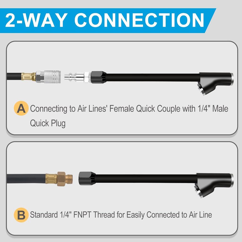 Air Chuck 6.2”, 1/4" FNPT Extended Dual Head Closed Tire Chuck with Quick Plug for Tire Inflator Gauge and Air Compressor Accessories (1 Pack)