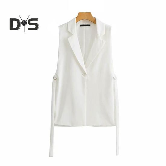 Women Vest Coat Turn Down Collar Sleeveless Loose Solid Color Single Button Cardigan Strap Decor Mid Length Commute Formal Suit Waistcoat