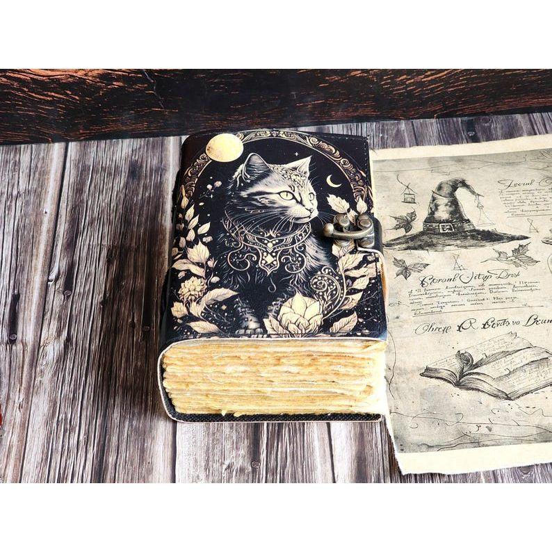 Кожаный журнал Волшебник заклинаний Кошачья книга Пустая тетрадь магии Книга теней Викканская языческая гримуарная книга для путешествий Альбом для рисования