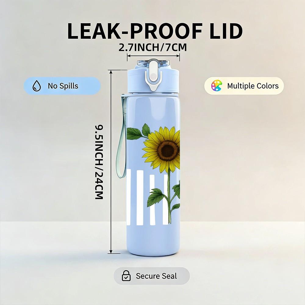 1PC Sunflower Single Stem Floral Print 750ml Color Plastic Sports Water Bottle Leakproof Flip Straw Lid Suitable for Sports Office Home Use