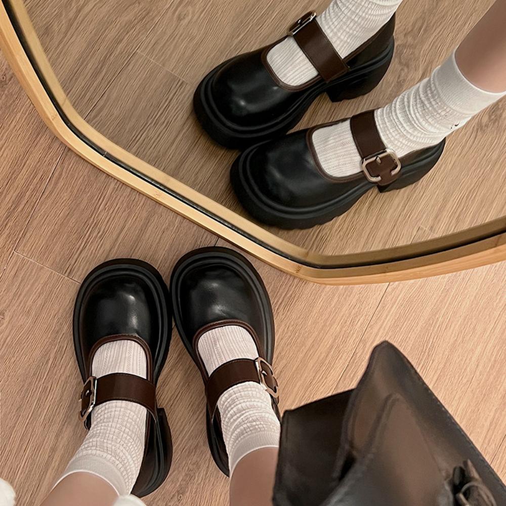 Одиночные туфли повседневные ретро толстый каблук платформа Мэри Джейн маленькие кожаные туфли женские