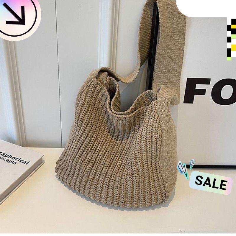 Вязаная сумка-тоут на плечо для женщин - Плетеная повседневная сумка для покупок для поездок на работу большой вместимости