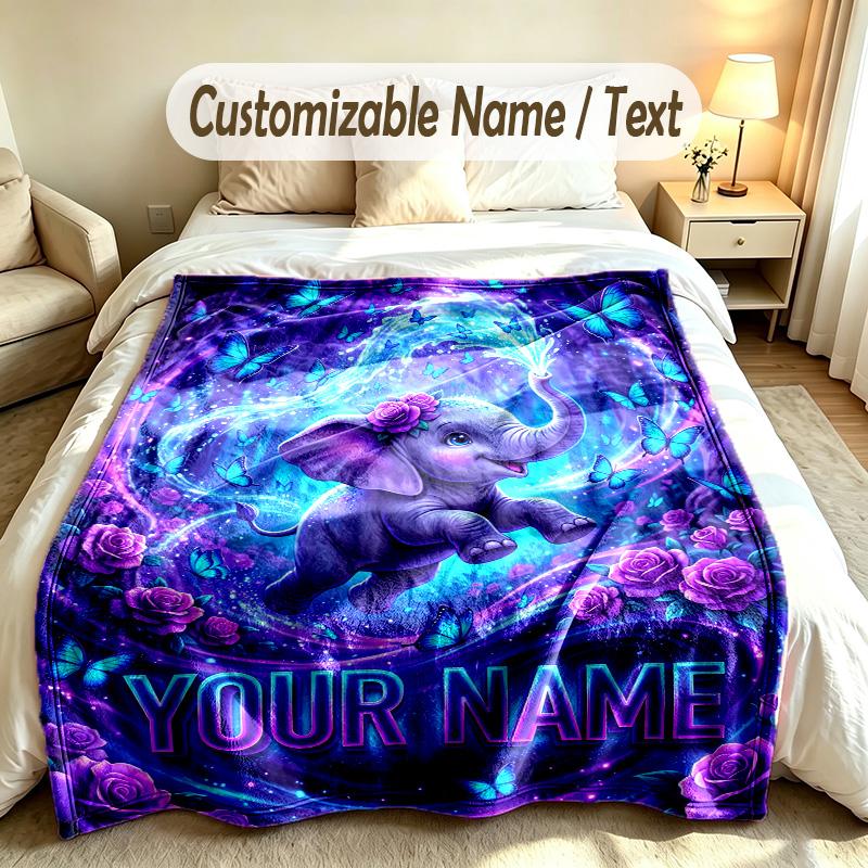 Elephant Theme Soft Blanket Personalized Custom Name Text Print Warm Blanket Home Sofa Bedroom Decor