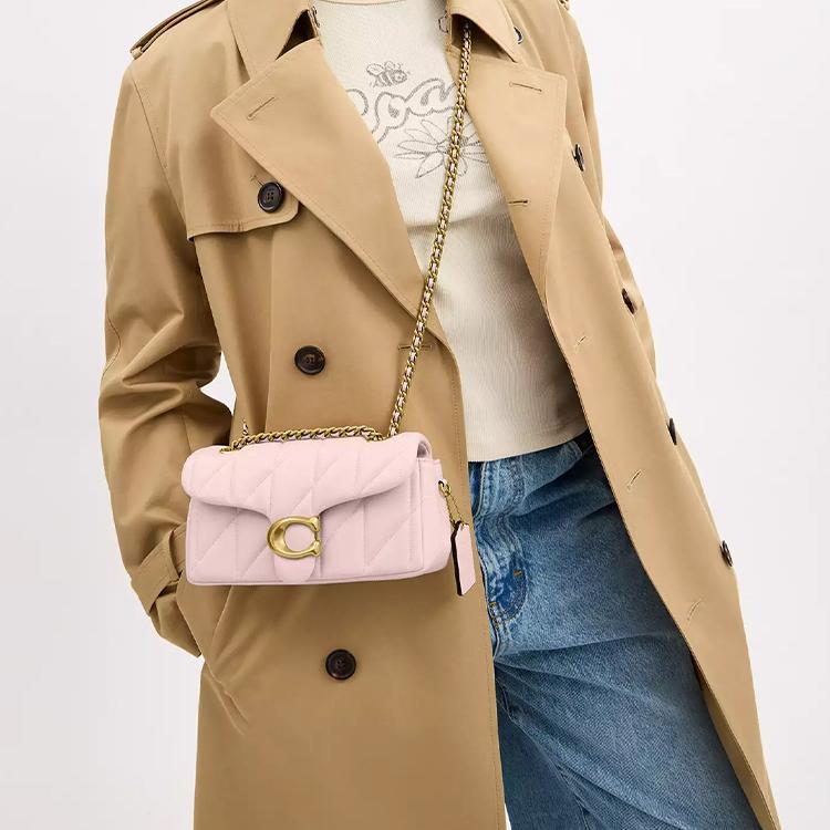 Coach Полосатый 20 Классическая стеганая кожаная сумка через плечо Маленькая женская сумка через плечо Латунная Розовая CP149-B4B5